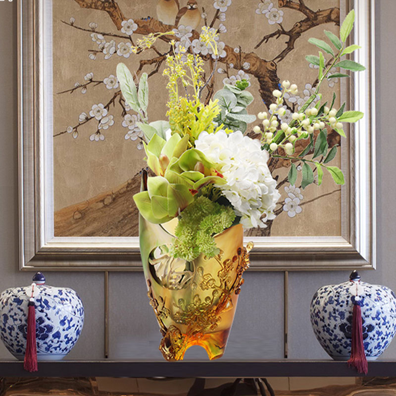 Domácí dekorace Švestkový květ Vyřezávaný design Váza z jantarového skla