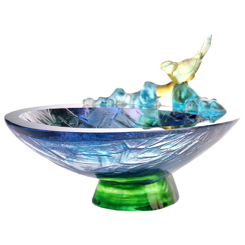 Skleněná mísa na ovoce s ozdobou ptáčka